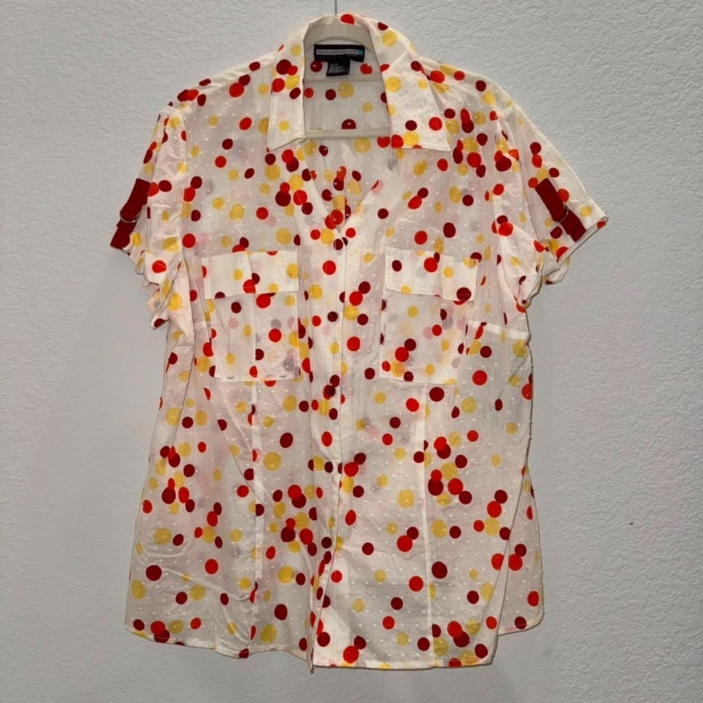 NWT Requirements Women's Sz 1X Polka Dot Button Up Shirt Sheer 90s Retro Breezy